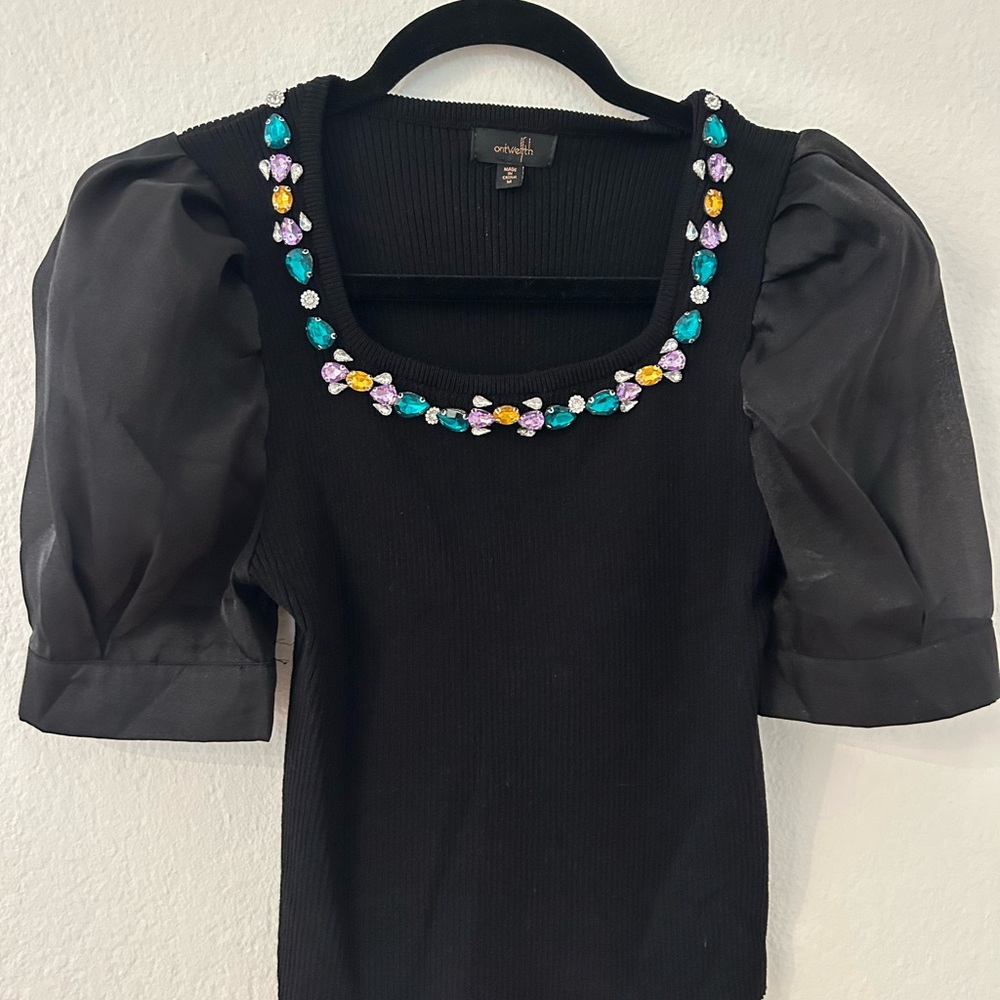 Black Puff Sleeve Top with Colorful Beaded Neckline